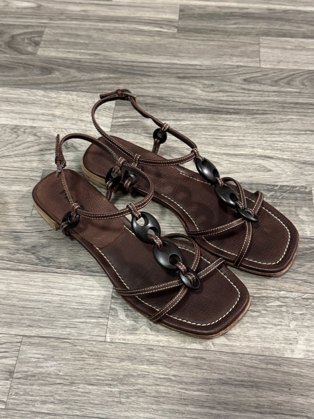 Prada strappy brown leather sandals with black beaded accents women’s sz 38 1/2